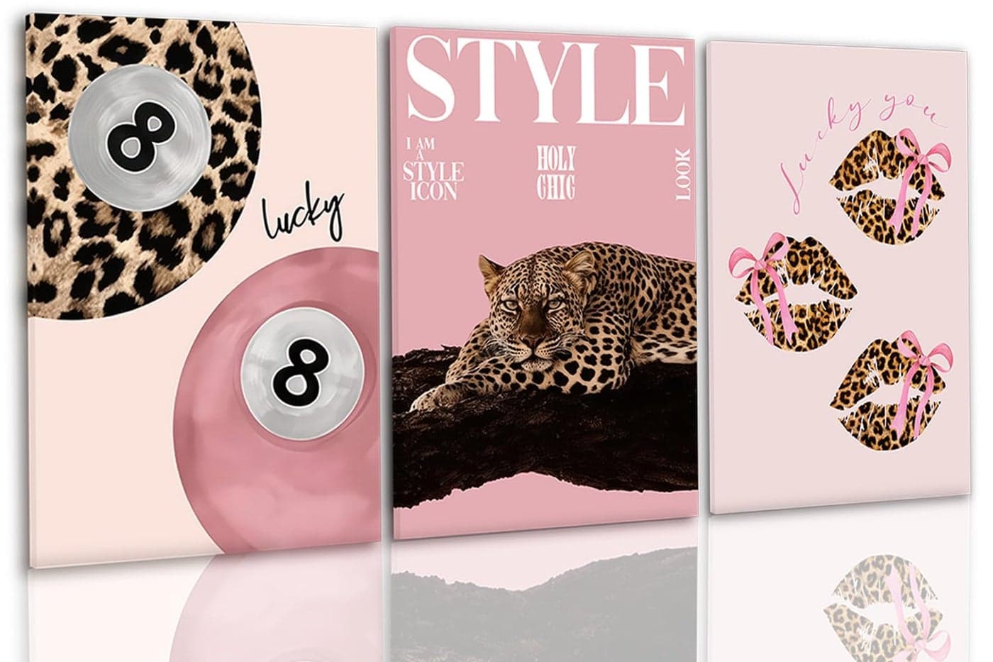 3 PCS Pink Leopard Canvas Wall Art Trendy Cheetah 8 Ball Bow Poster Prints Y2k Coquette Preppy Lucky Aesthetic Fashion Pictures Art for Girls Bedroom Dorm Living Room Apartment Decor 12*16In (Stretched Canvas On A Wooden Frame)