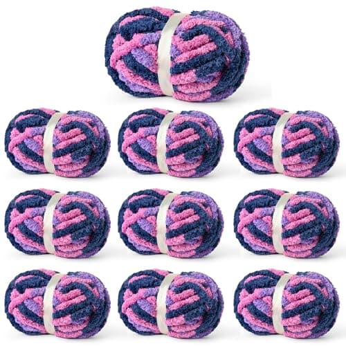 10 Pack Fluffy Chunky Chenille Yarn for Crocheting, Jumbo Chunky Blanket Yarn for Hand Knitting, 240yds/70.5oz Super Bulky Variegated Baby Blanket Yarn (Vibrant Purple)