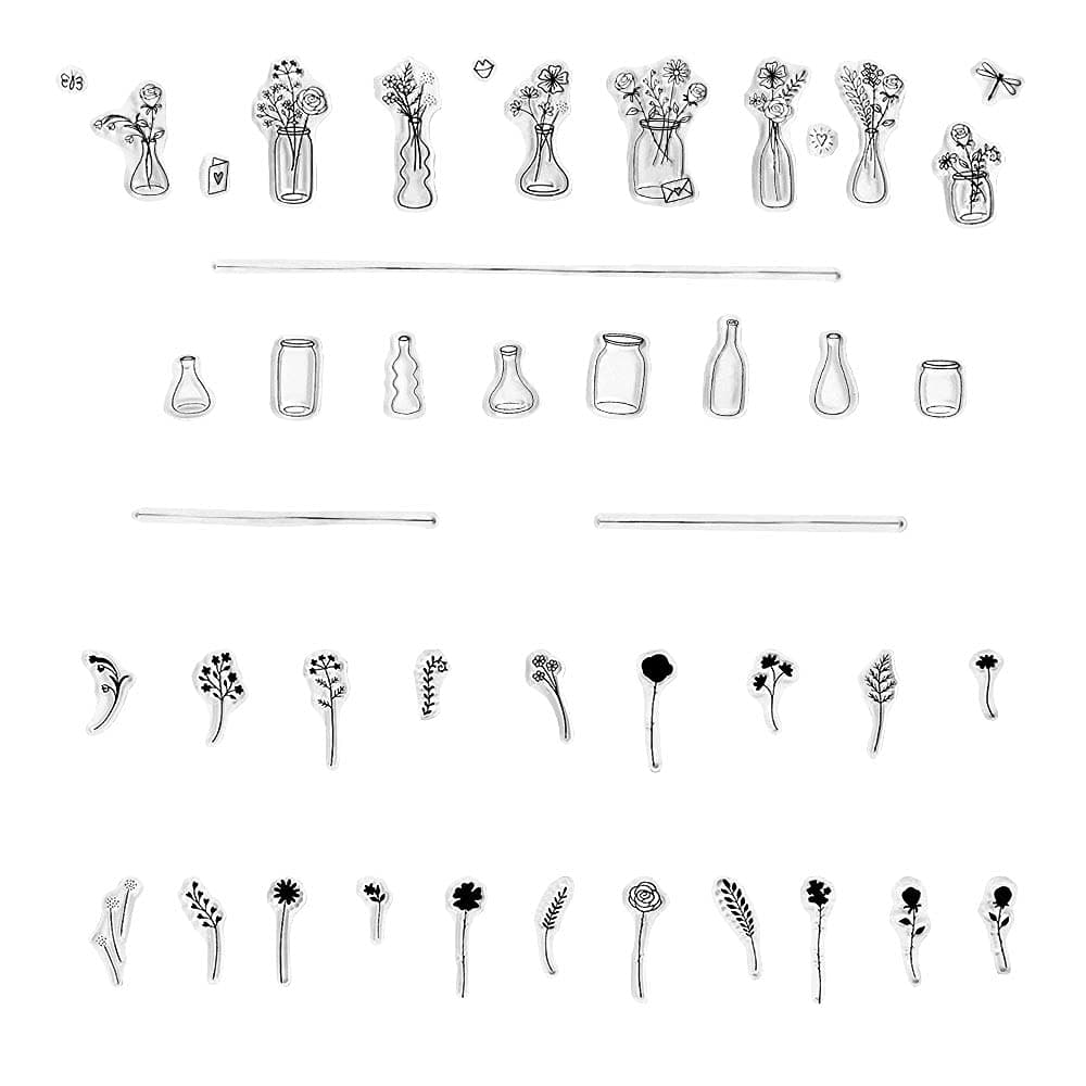 Flowers Vase Clear Stamps for Card Making and Photo Album Decorations Small Plants Bottles Rubber Stamps Flowers Leaves Stamps Seal for DIY Scrapbooking