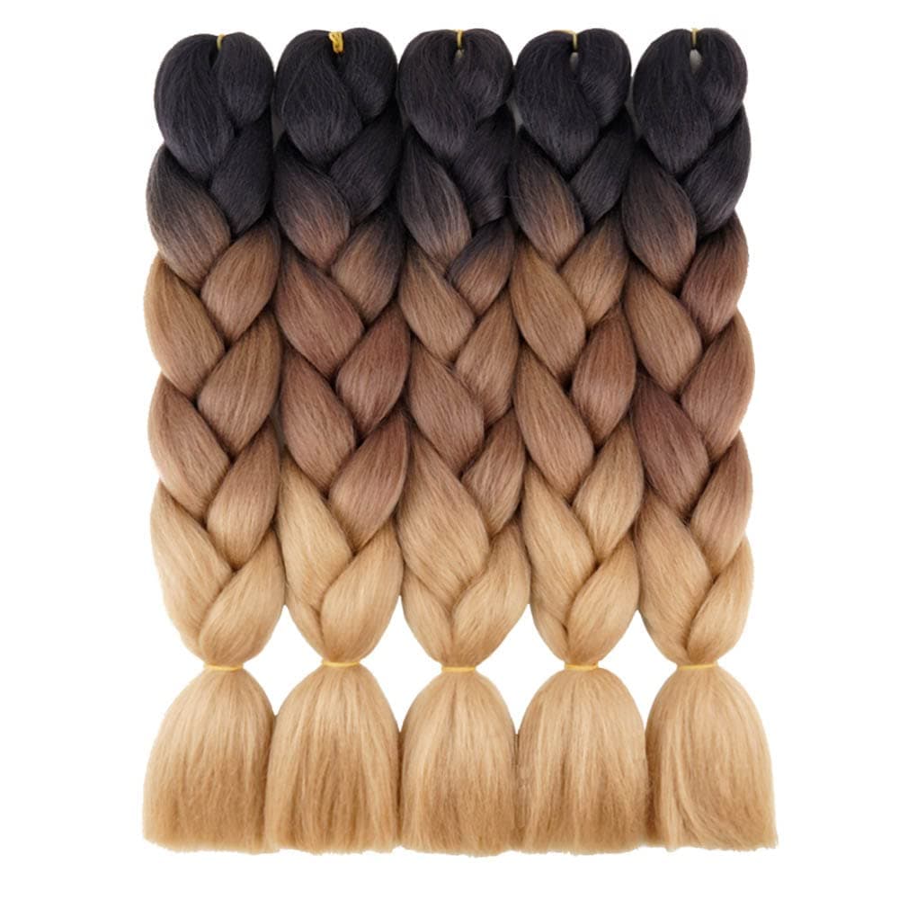 AIDUSA Ombre Brown Braiding Hair 5pcs Synthetic Brown Ombre Braiding Hair 24 Inch 3 Tone Blonde Braiding Hair Crochet Braiding Hair Extensions 100g 53 Black to Brown to Blonde