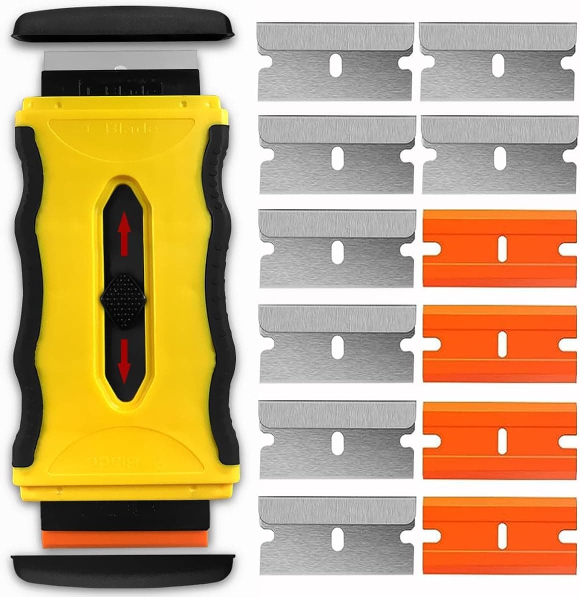 Razor Blade Scraper Tool with 14Pcs Blades, Retractable Double Sided Scraper with Safety Cap, Cleaning Razor Scraper for Removing Stickers Labels Decals Paint Glue from Glass Cooktop