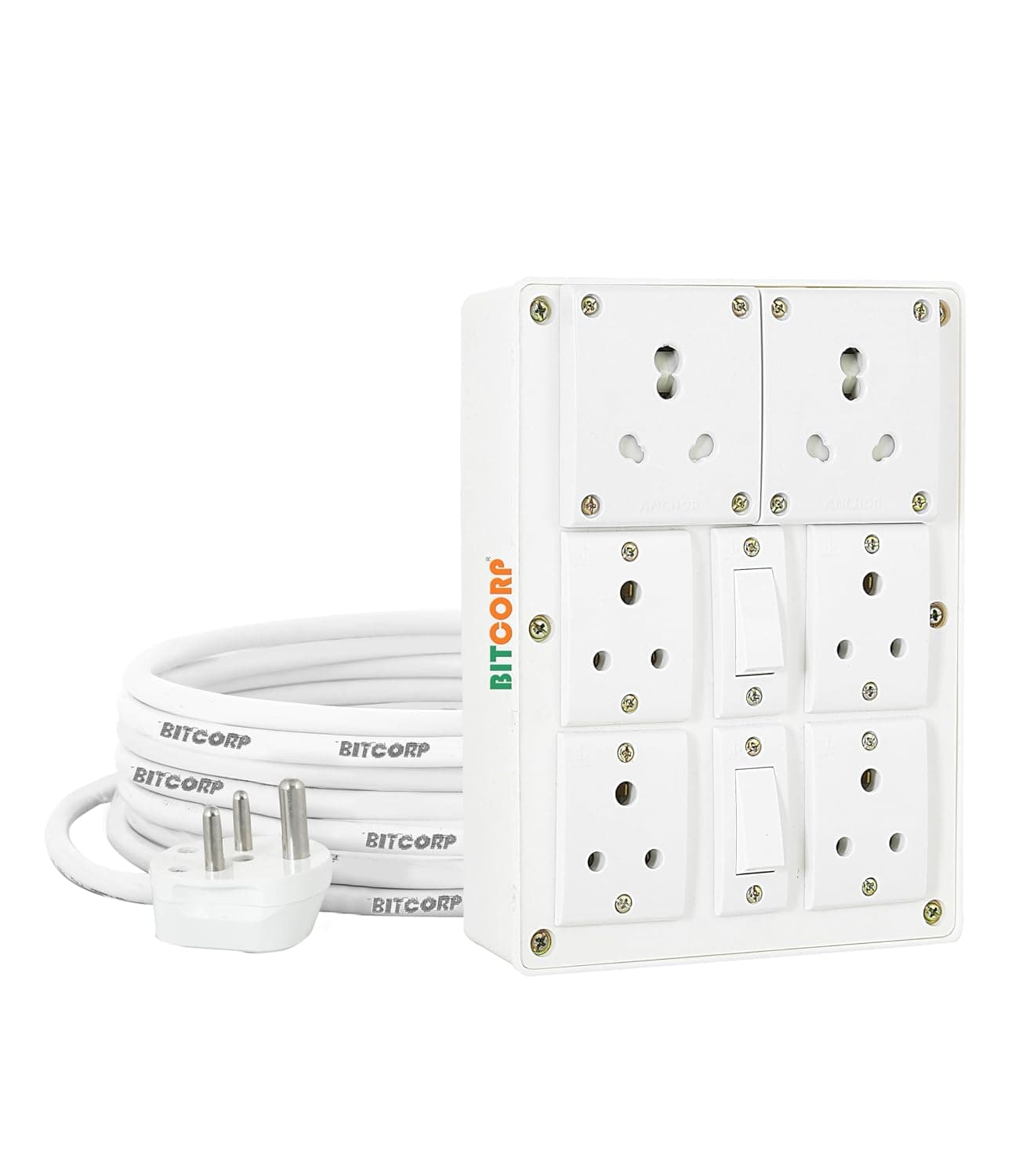 Bitcorp Extension Cord 3500W 6A 16A 20A Spike Guard Thermal Protection 4 Way Multi Outlet 3 Pin 2 Switch Power Cord with 2 Meter Long Wire Cable Suitable for Small and Heavy Duty Appliance