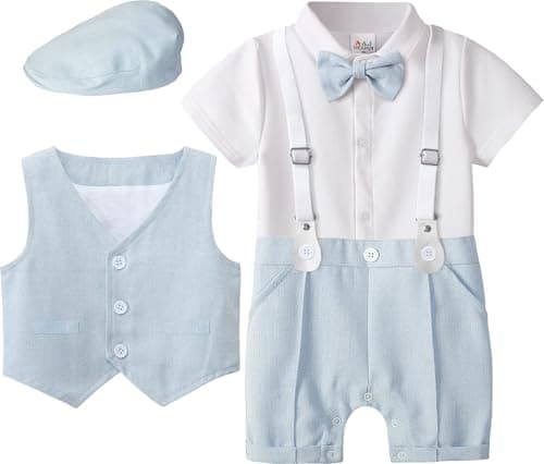 A&J DESIGN Baby Suits for Boys Wedding Gentleman Suspenders Outfits Summer Formal Easter Rompers with Hat Light Blue 9-12 Months