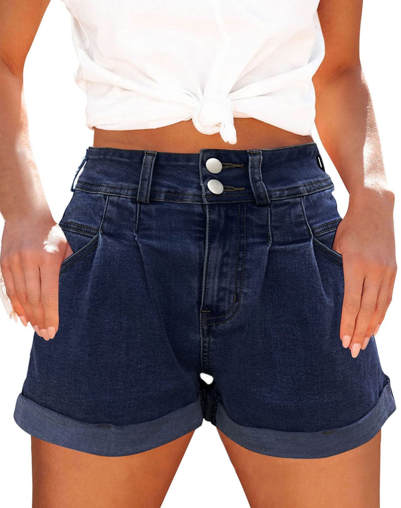 Hilltichu Womens Relaxed Fit Casual High Waist Pocketed Denim Shorts (Denim-Dark Blue,Medium,Adult,Female,US,Alpha,Medium,Regular,Regular)