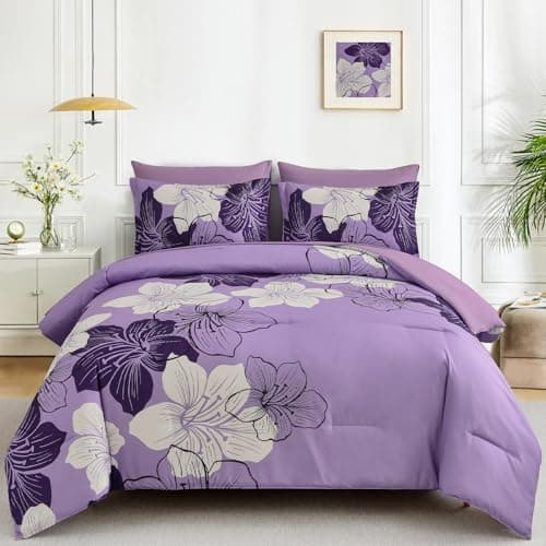 Luxudecor Floral Comforter Set King Size, Lavender Floral Comforter and Sheet Set, 7 Pieces Bed in a Bag Soft Microfiber Complete Bedding Sets for All Seasons 90"×90"