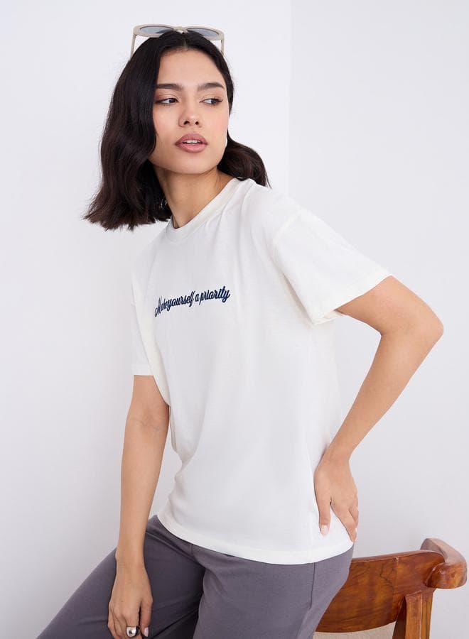 Embroidered Slogan Boxy Fit T-Shirt