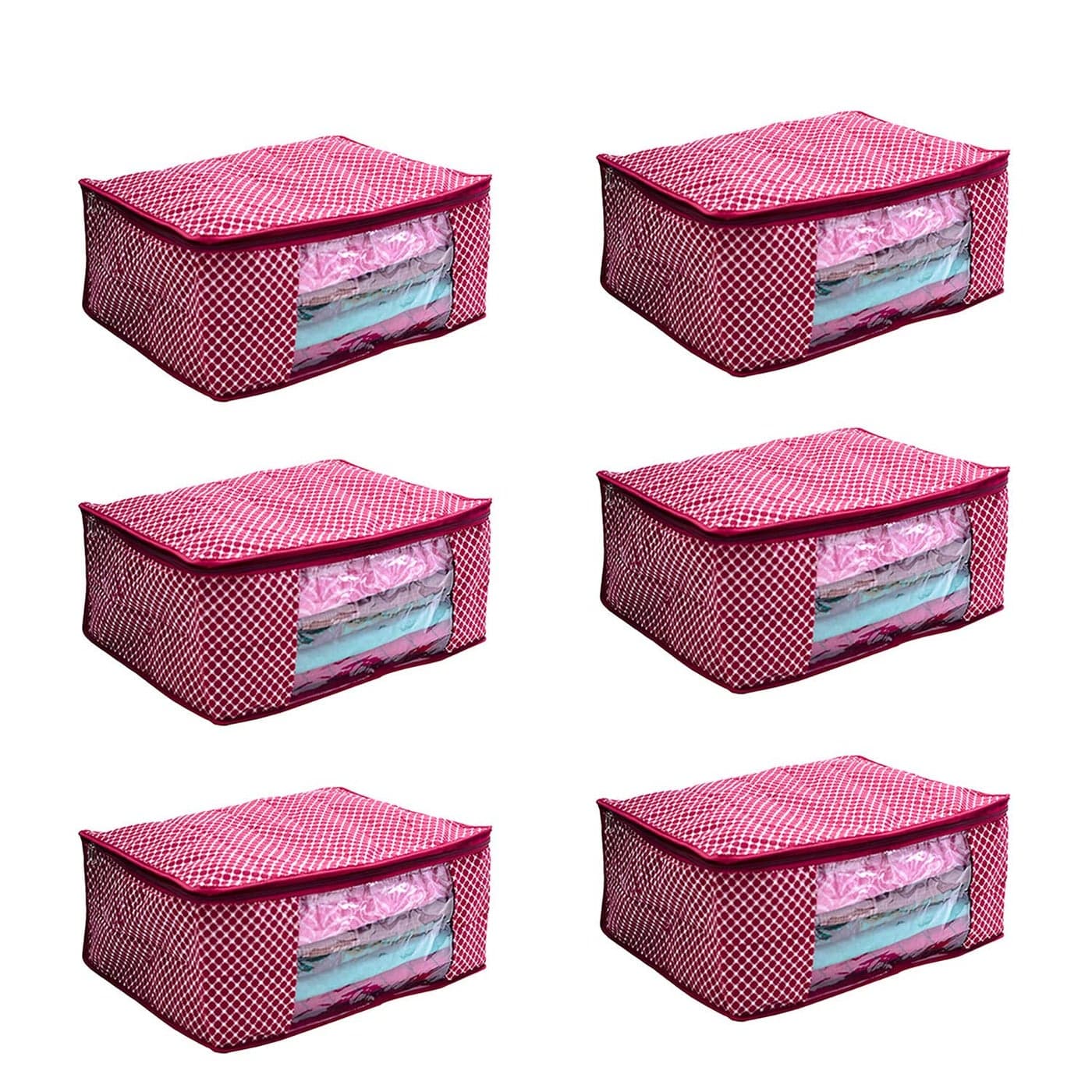 Ankit Traders Cotton Quilted Large Saree Cover Bag Wardrobe Organizer with Transparent Window Maroon Pack of 6 Size 41 33 19 CM
