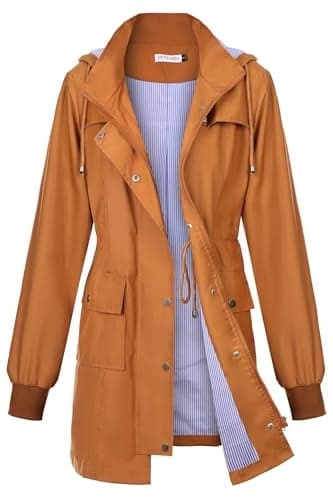 PITINAN Womens Rain Jackets Waterproof With Hood Lined Rain Coats Lightweight Waterproof Rain Jacket For Women Fall Jacket Caramel M
