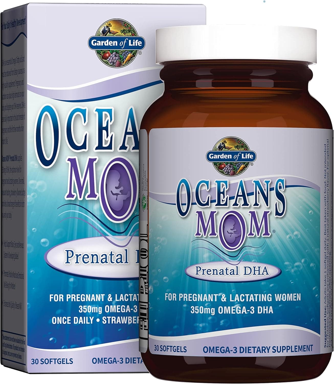 Garden of Life Oceans Mom Prenatal Fish Oil DHA Omega 3 Fish Oil Supplement Strawberry 350mg Prenatal DHA Pregnancy Fish Oil Support for Mamas Babys Brain Eye Development 30 Small Softgels