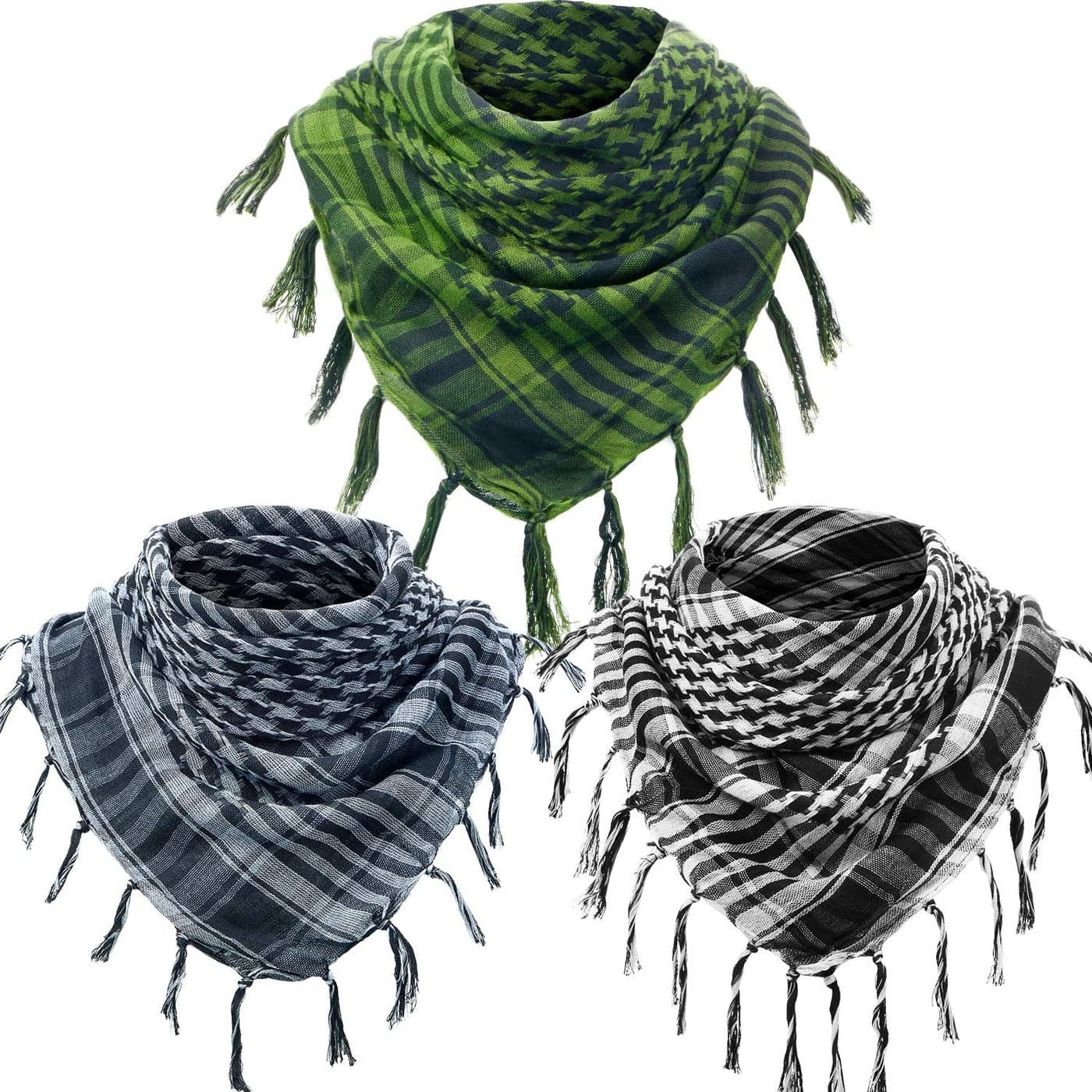 SATINIOR 3 Pcs Shemagh Keffiyeh Head Neck Scarf Turban Unisex Arab Plaid Fringe Scarves with Tassel for Outdoor Camping Accessory(Army Green, Black White, Grey)
