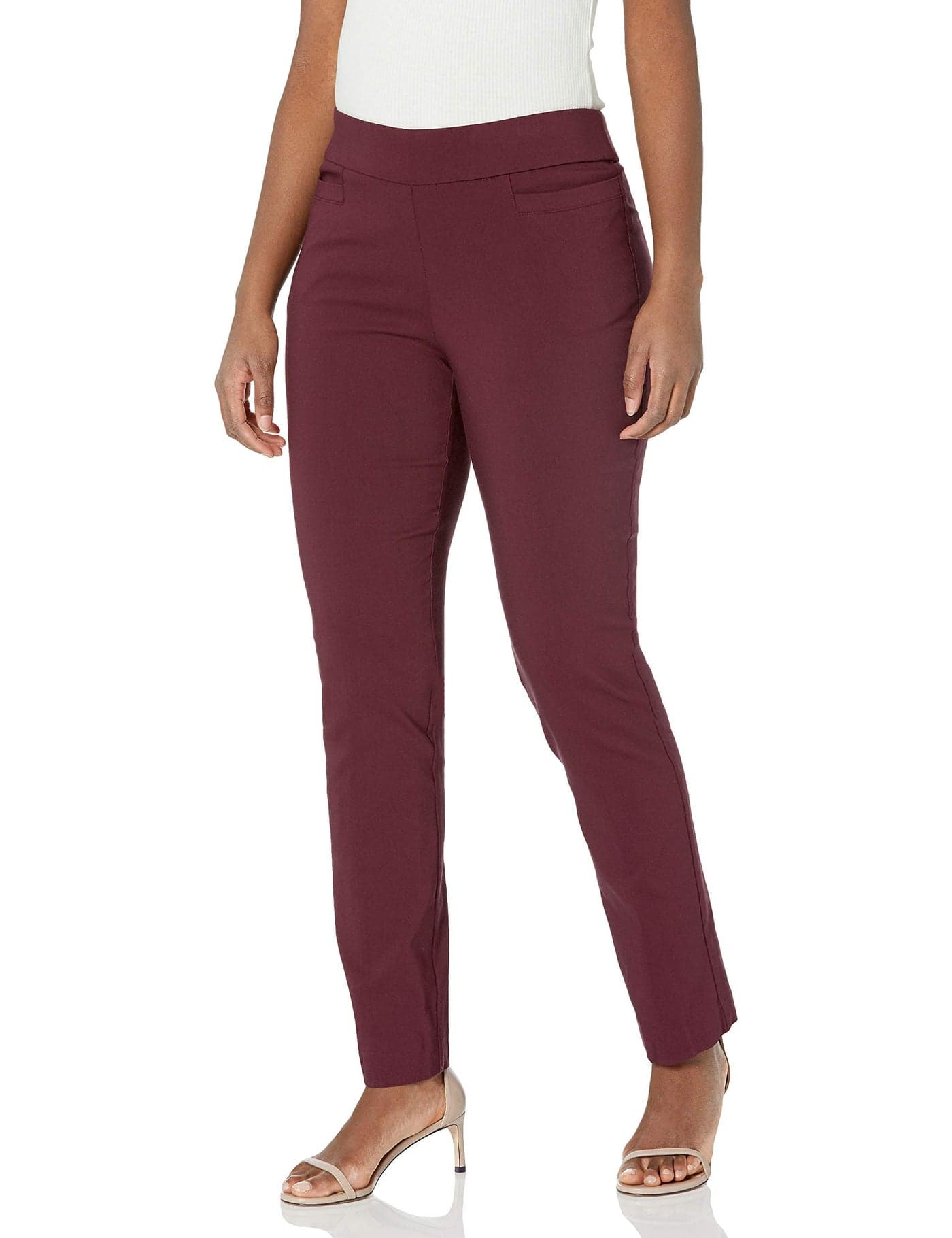 Briggs New York Womens Super Stretch Millennium Welt Pocket Pull On Career (Average & Short Length) Pants, Plum Wine, 10 US