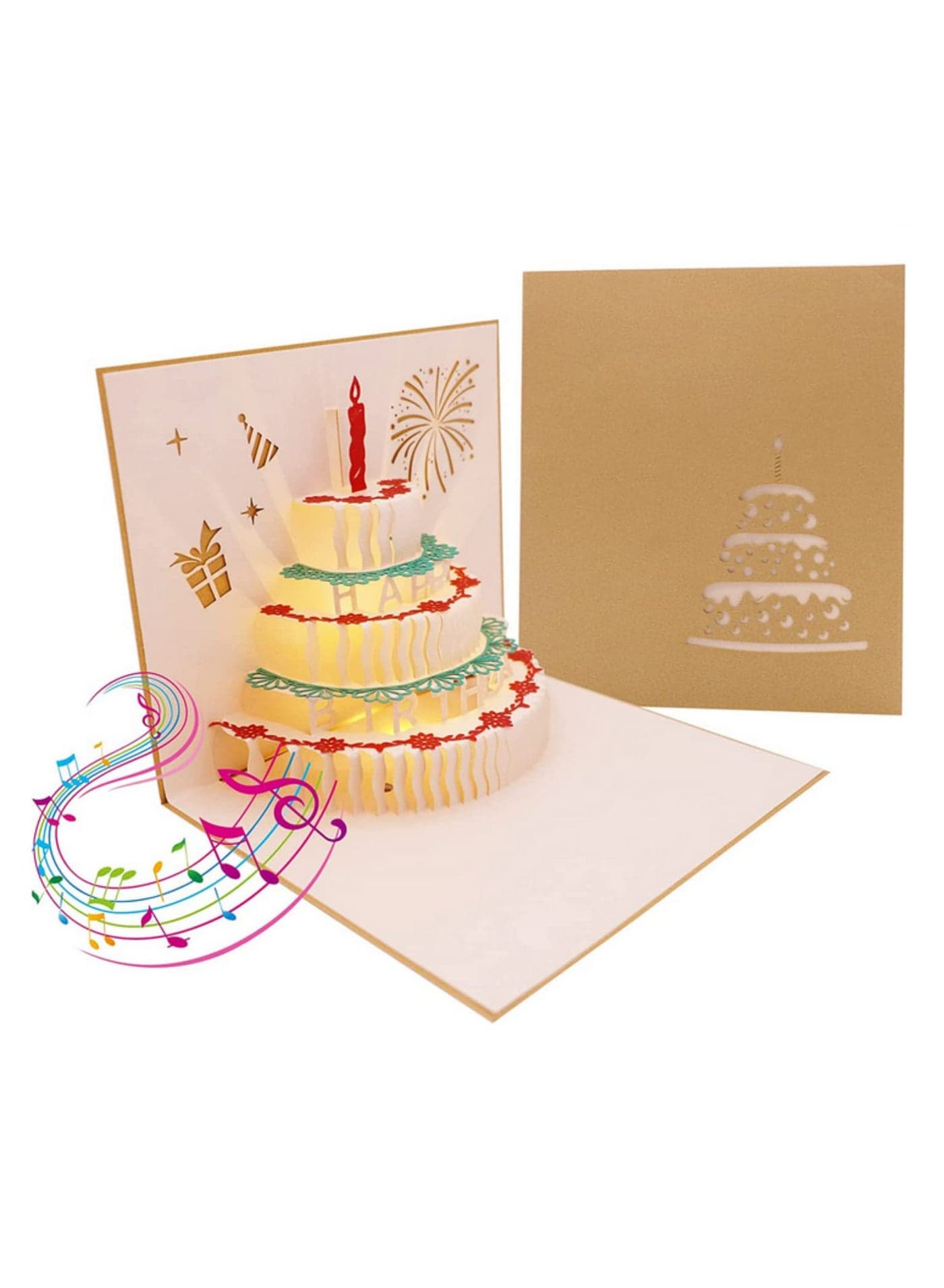 1PCS Music Birthday Card 3D Pop Up Musical Greeting Card for Kids Baby Shown Gold LED Colourful Light Happy Birthday Cake Changeable Colors Warming Gift for Friends Party Postcards