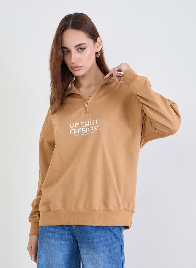 Styli Tan Slogan Print Regular Fit Sweatshirt