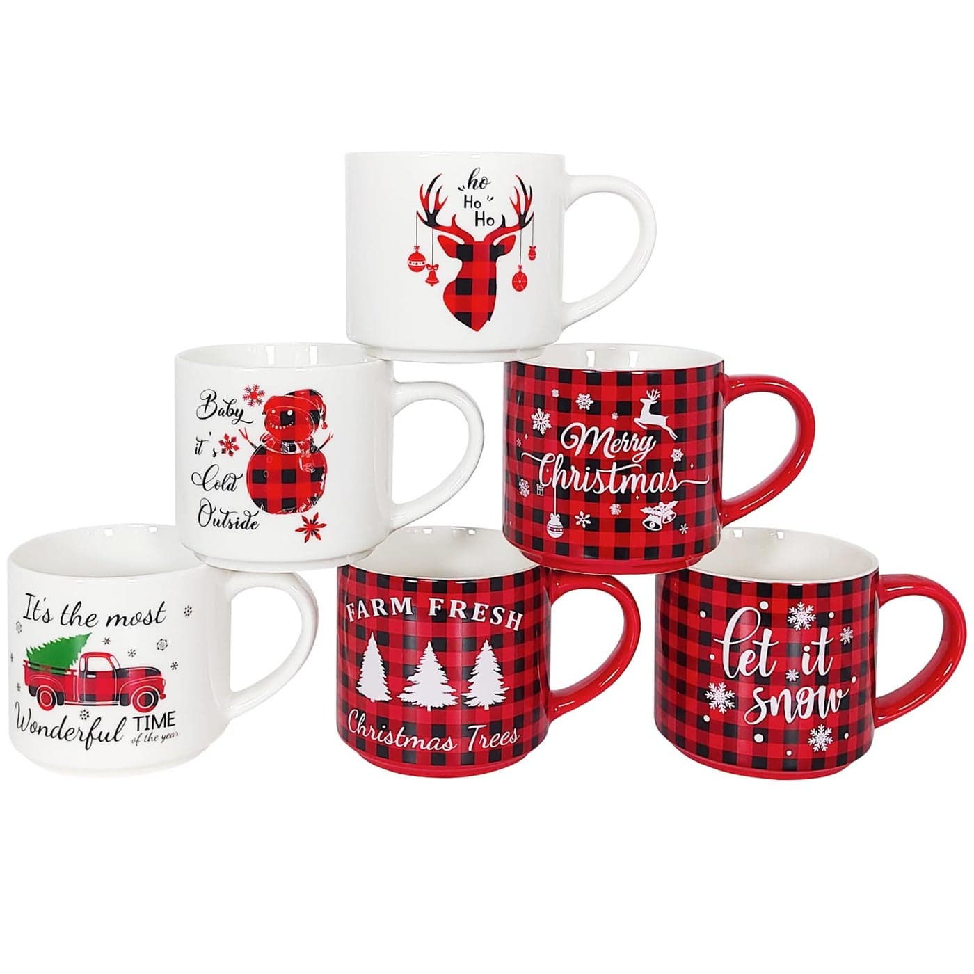 QIKSION Ceramic Christmas Mugs Set of 6 16oz Red Black Plaid Christmas Coffee Mugs Stackable Holiday Coffee Mugs as Christmas Gifts for Family Friends and Colleagues