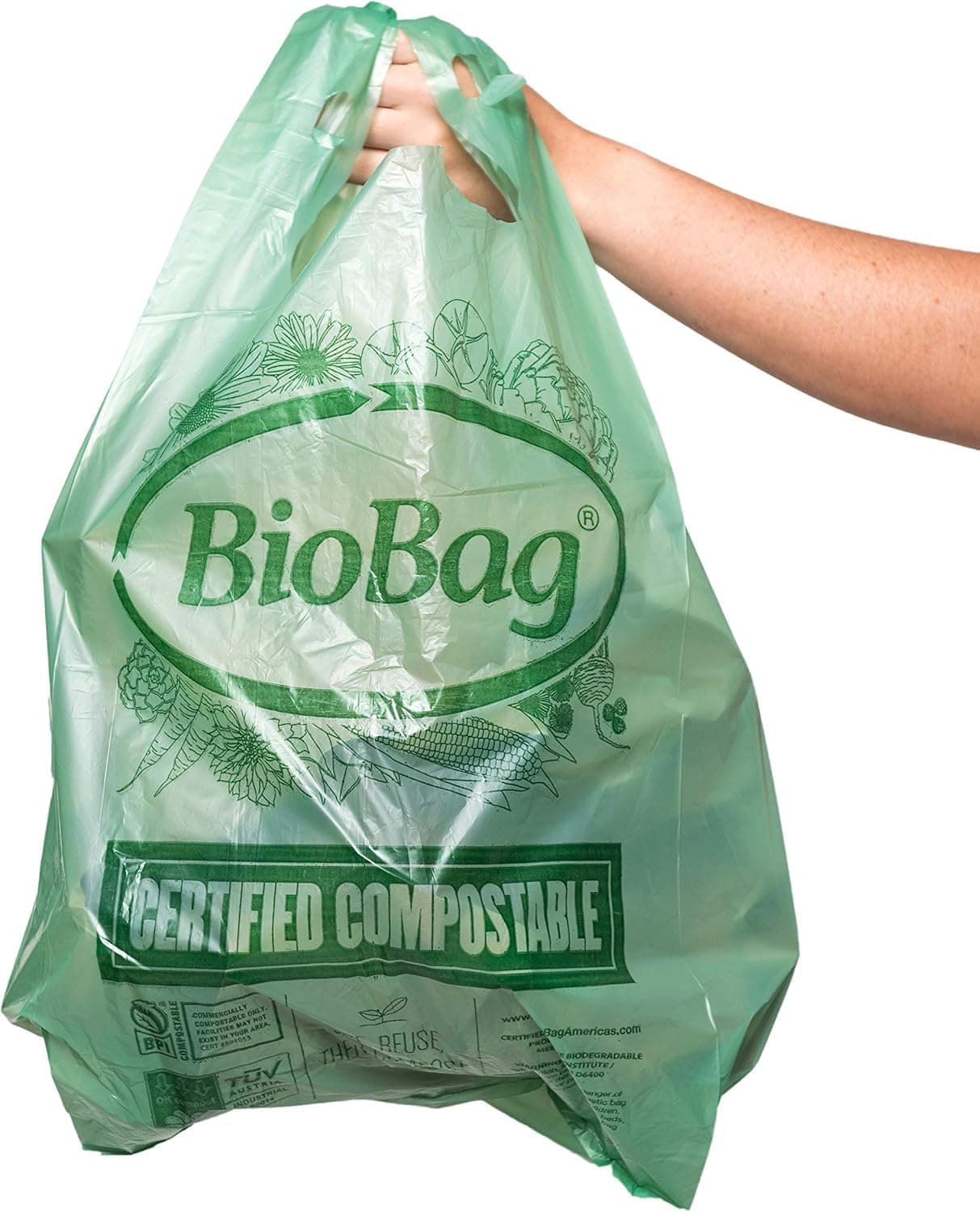 BioBag USA 100 Certified Compostable Shopping Bags 12 lb Capacity 500 Count Standard Size Shopper Great for On The Go Farmers Markets Grocery Stores Restaurants