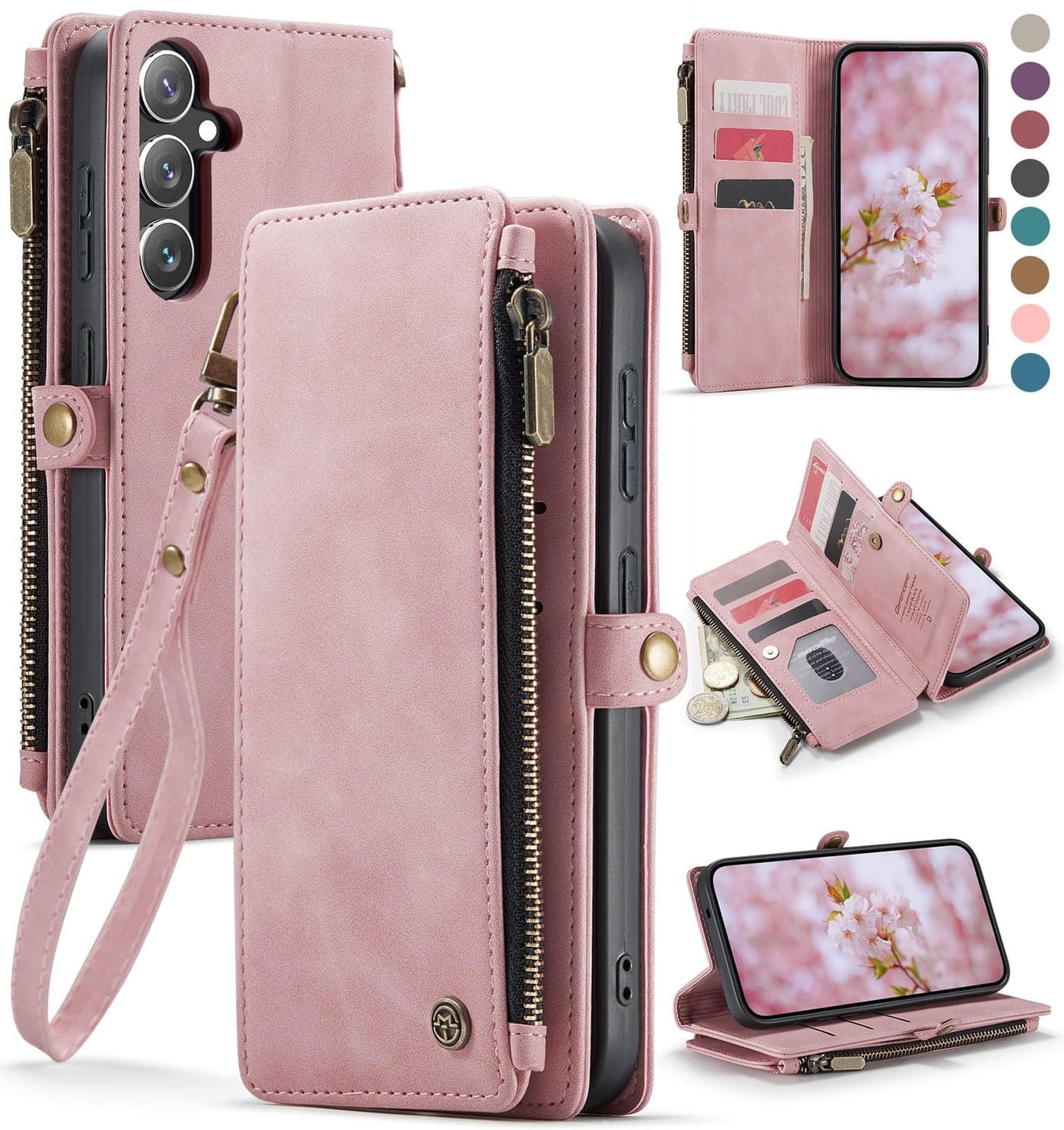 Defencase for Galaxy S25 Plus/S25+ Case Wallet with RFID Blocking Card Holder for Women Men, Elegant Leather Magnetic Snap Flip Strap Zipper Wallet Phone Cases for Samsung Galaxy S25 Plus 6.7", Pink