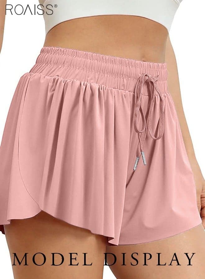 Fake Two-Piece Double-Layer Design Quick-Drying Yoga Shorts for Women's Daily Fitness Sports Elastic Waist Drawstring Shorts