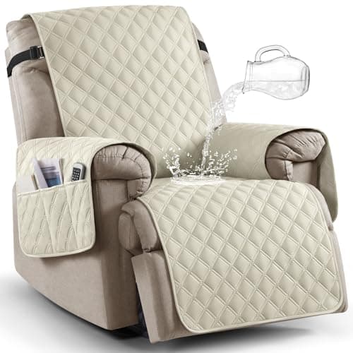 Ruaozz 100% Waterproof Recliner Chair Covers, Non-Slip Reclining Covers for Recliner Chair Washable Chair Cover, Recliner Covers with Pockets for Kids, Dogs, Pets (Ivory, 23'')