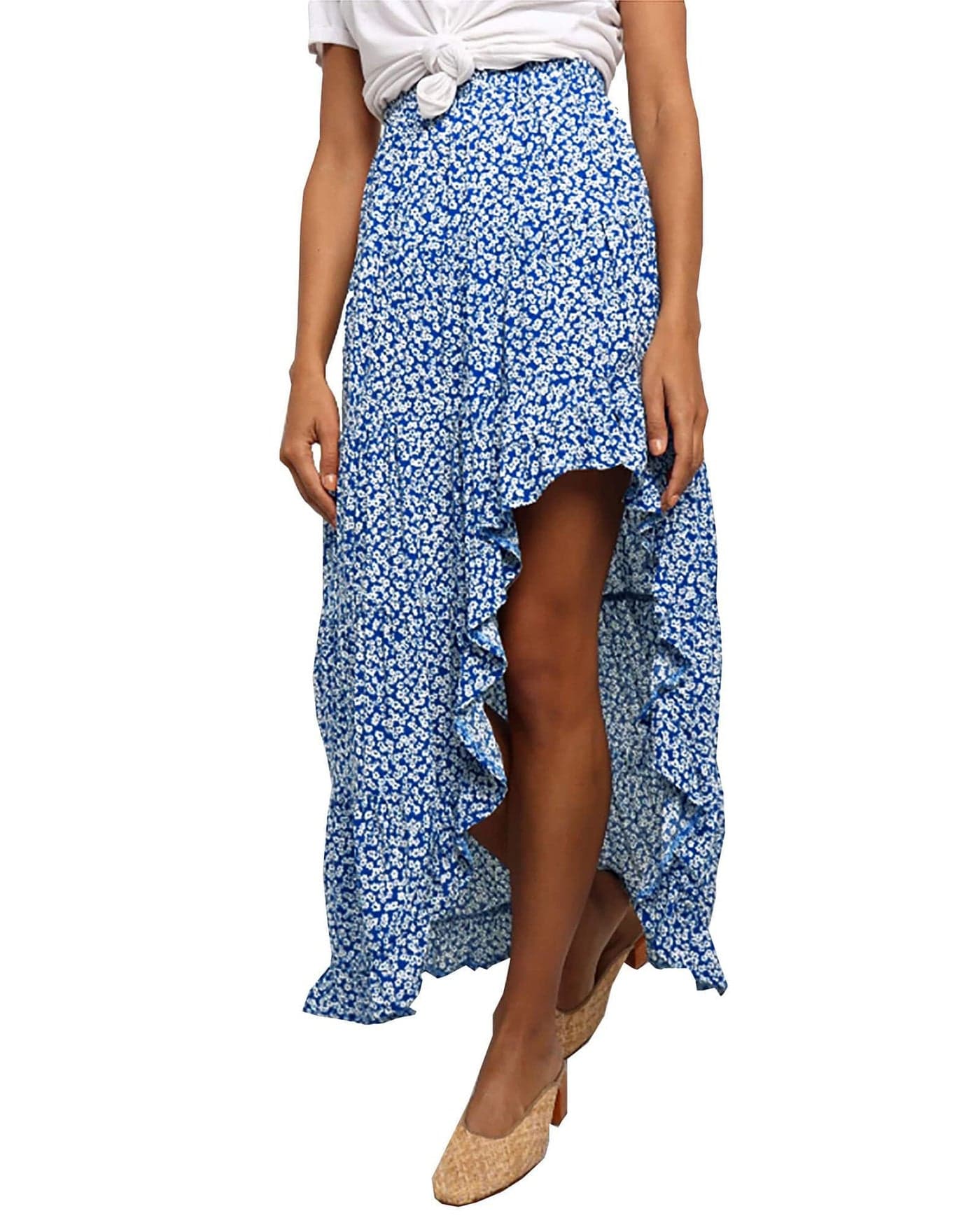 BTFBM Women 2025 Summer Spring Boho Long Skirts Dress Floral Print Elastic Waist Split Ruffle High Low Beach Maxi Skirt(Blue, Small)