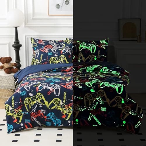 Aqzuxira Glow in The Dark Kids Comforter Set, 3 Pieces Gamepad Pattern Set Twin Size for Boys Girls Teen, 1 Comforter, 1 Pillowcase, 1 Pillow Sham