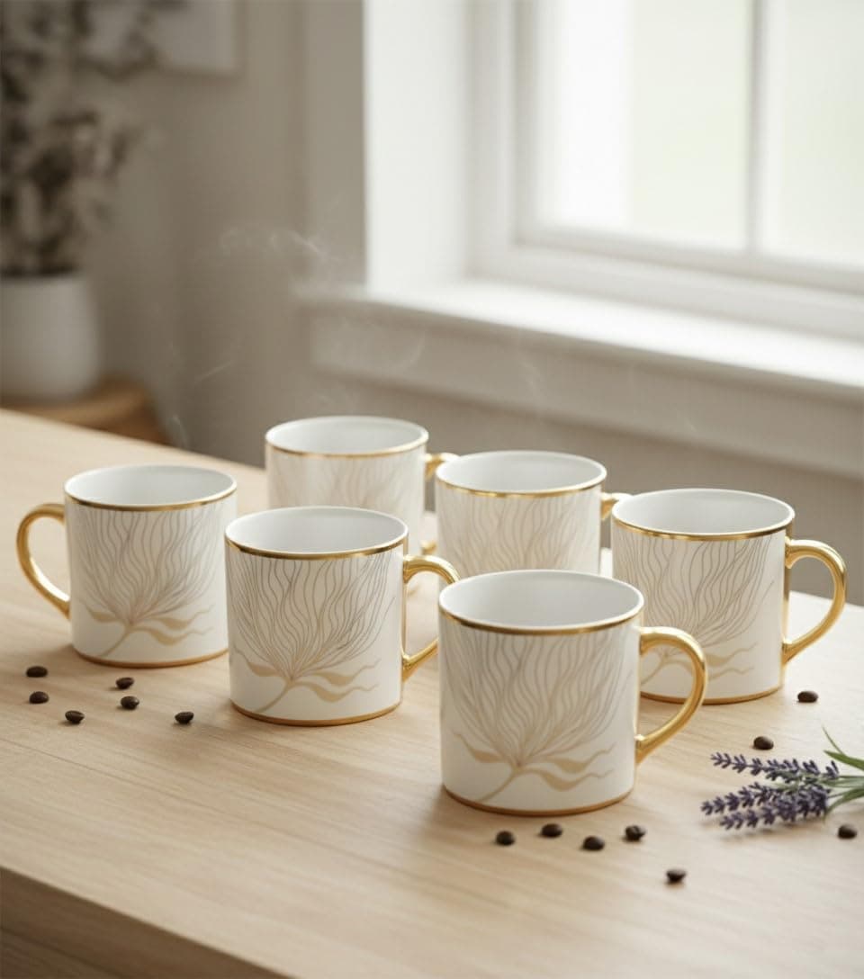 Femora Luxury Gold and White Ceramic Tea Cups | Elegant Tea Cups with Unique Abstract Design and Gold-Plated Handle | Set of 6