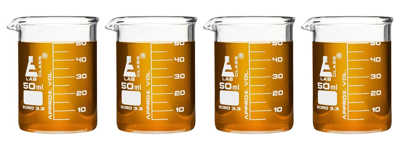 EISCO 4PK Lab Beaker Shot Glasses 16oz 50mL Borosilicate Glass Chemistry Shot Glasses Chemistry Gifts Labs