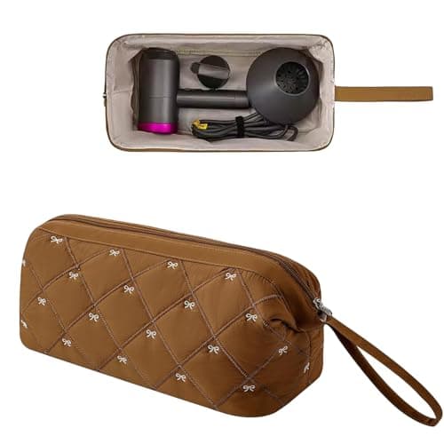 RSRSLEII Large Quilted Hair Tools Travel Bag with Bow Pattern,Waterproof Hair Styling Accessories Storage Case for Shark FlexStyle, Dyson Airwrap Hair Dryer, Curling Iron, Revlon Hair Tools(Brown)