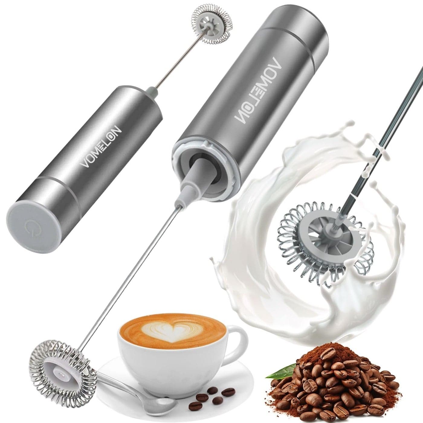 VOMELON Milk Frother Handheld Battery Operated Frother for CoffeePortable Drink Mixer with 2 Stainless Steel Whisk Heads Milk Foamer for Keto Coffee Latte Cappuccino Hot Chocolate Silver