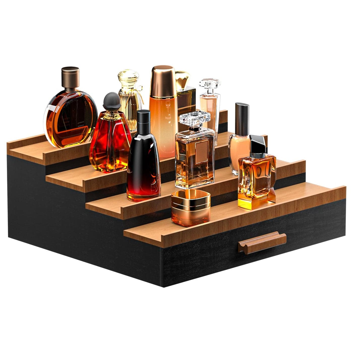 Sephyroth Cologne Organizer for Men 4 Tier of Elevated Cologne Display Shelf with Drawer Storage Perfume Organization and Storage Display RisersGreat Gift for Man4TierBlackWalnut
