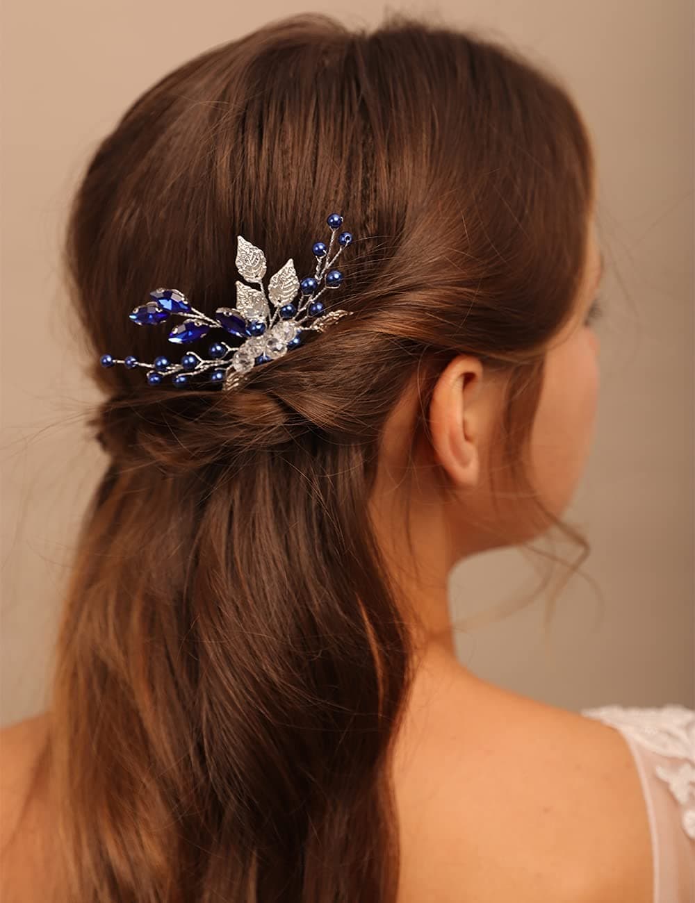 YERTTER Wedding Crystal Leaf Bridal Hair Comb Clip Pearl Wedding Hair Accessories for Bride Bridesmaid Flower Girls Blue