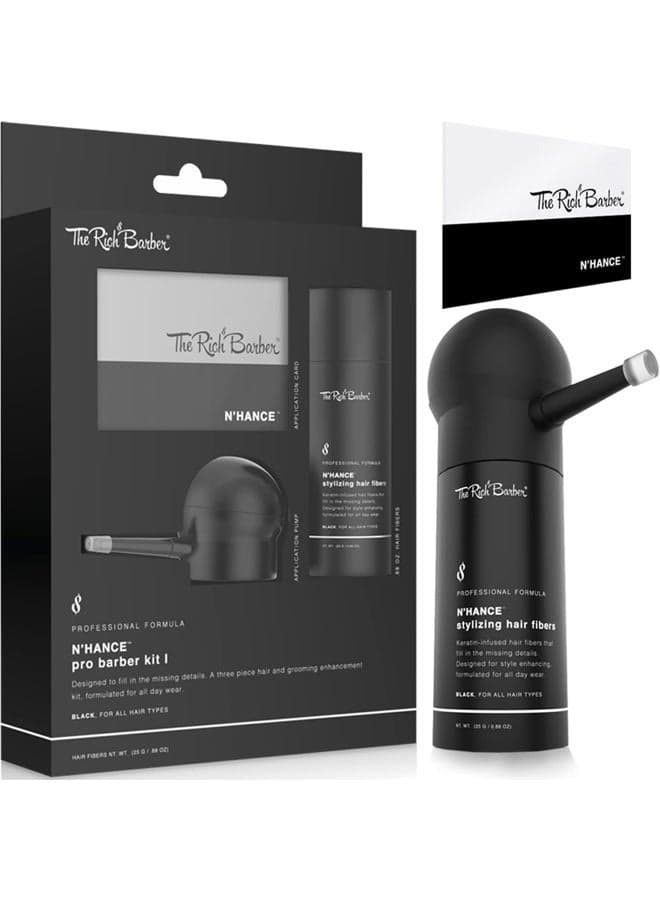 N'Hance Pro Barber Kit I - Professional 3-in-1 Hair & Beard Styling Set - Keratin-Infused Hair Building Fibers, Applicator Pump, Application Card - Hairline Enhancer & Volumizing Spray