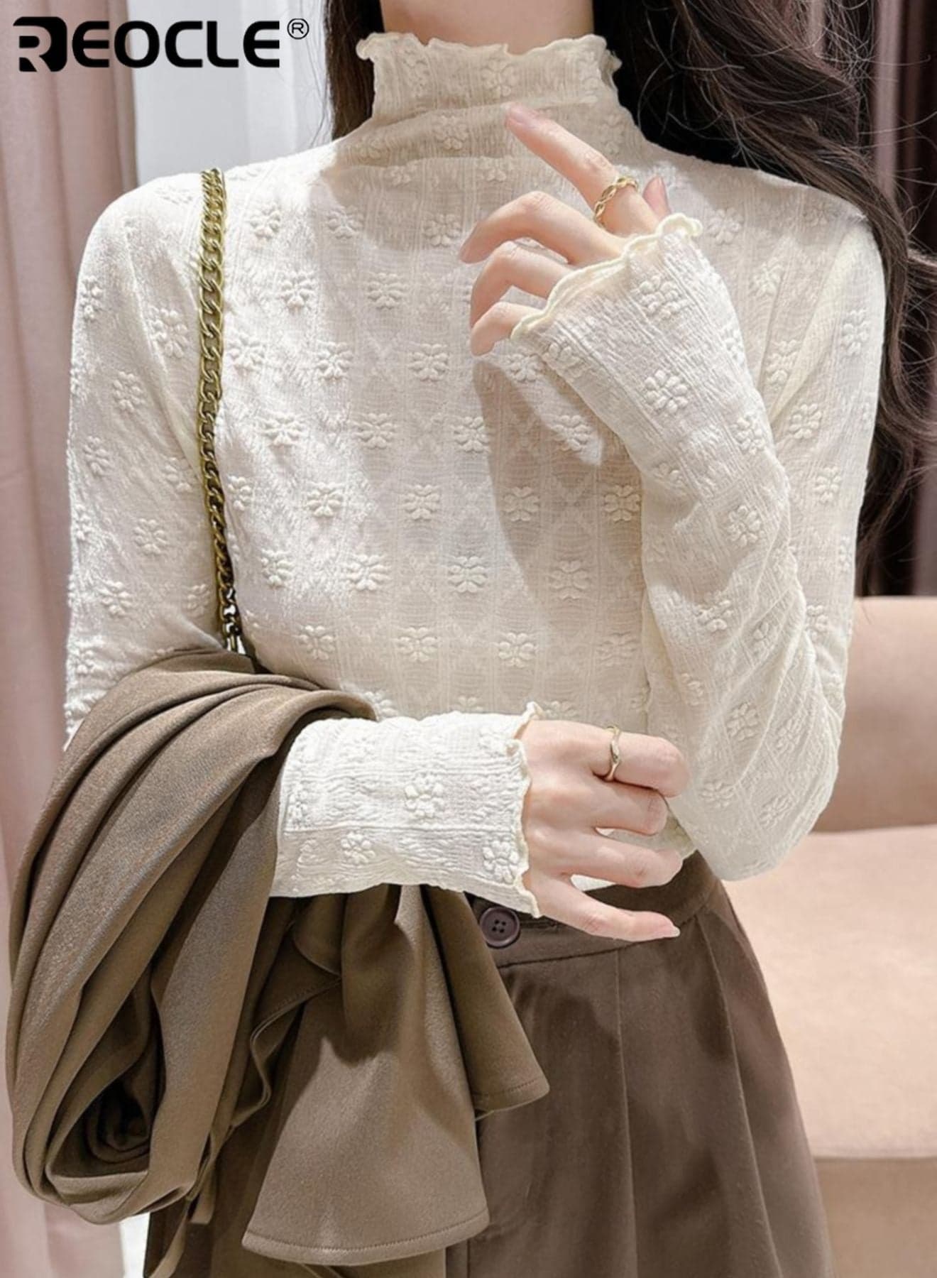 Women's Long Sleeve Top Mock Neck with All Over Floral Textured Embossing & Ruffled Trims Soft Fitted Blouse with Intricate Fabric Detailing for Daily Wear & Casual Outings