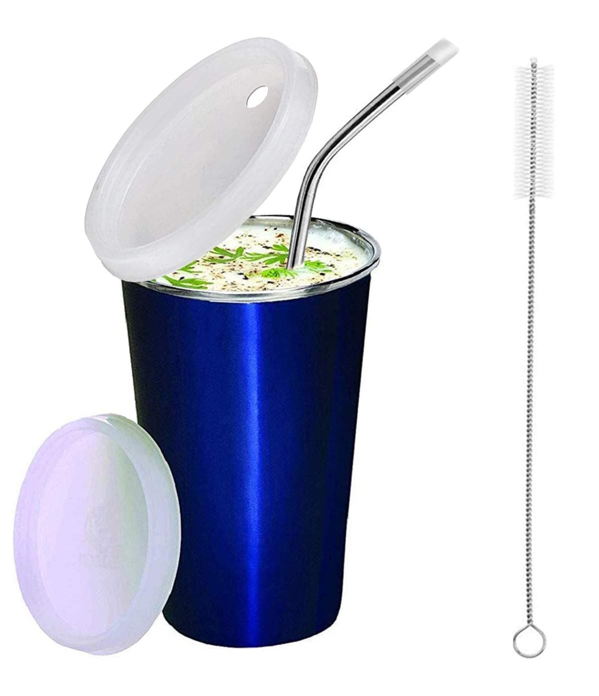 PARABRAHMA Steel Glass for Kids Milk Tumbler with Straw and Lid Sippy Cup with Gum Protection for Kids Straw and 1 Cleaning Brush Blue 370 ml