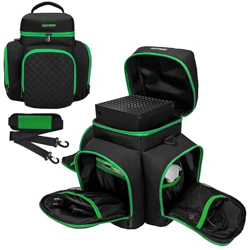 CROTIRAD Carrying Case Compatible with Xbox Series X Travel Bag with Multiple Storage Pockets for Xbox Controllers Headset Game Discs Cables and Other Accessories Green Zip
