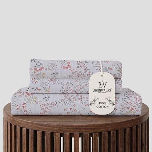 LINENWALAS 100% Cotton Fitted Bed Sheet for Queen Size Bed, Printed All Around Elastic Bedsheet (60 x 78 Inches) with 2 Pillow Covers | 210 TC Soft, Breathable, Luxury Bedsheet (Blue Sapphire)