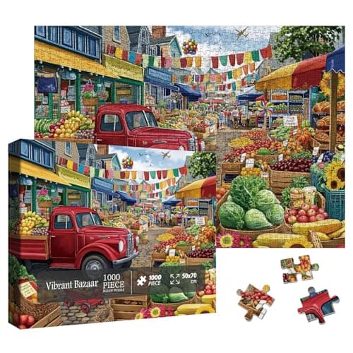 Colorful Farmers Market Puzzles for Adults 1000 Pieces Unique Vegetables Fruit Truck Jigsaw Puzzle Difficult Challenging Art Puzzles