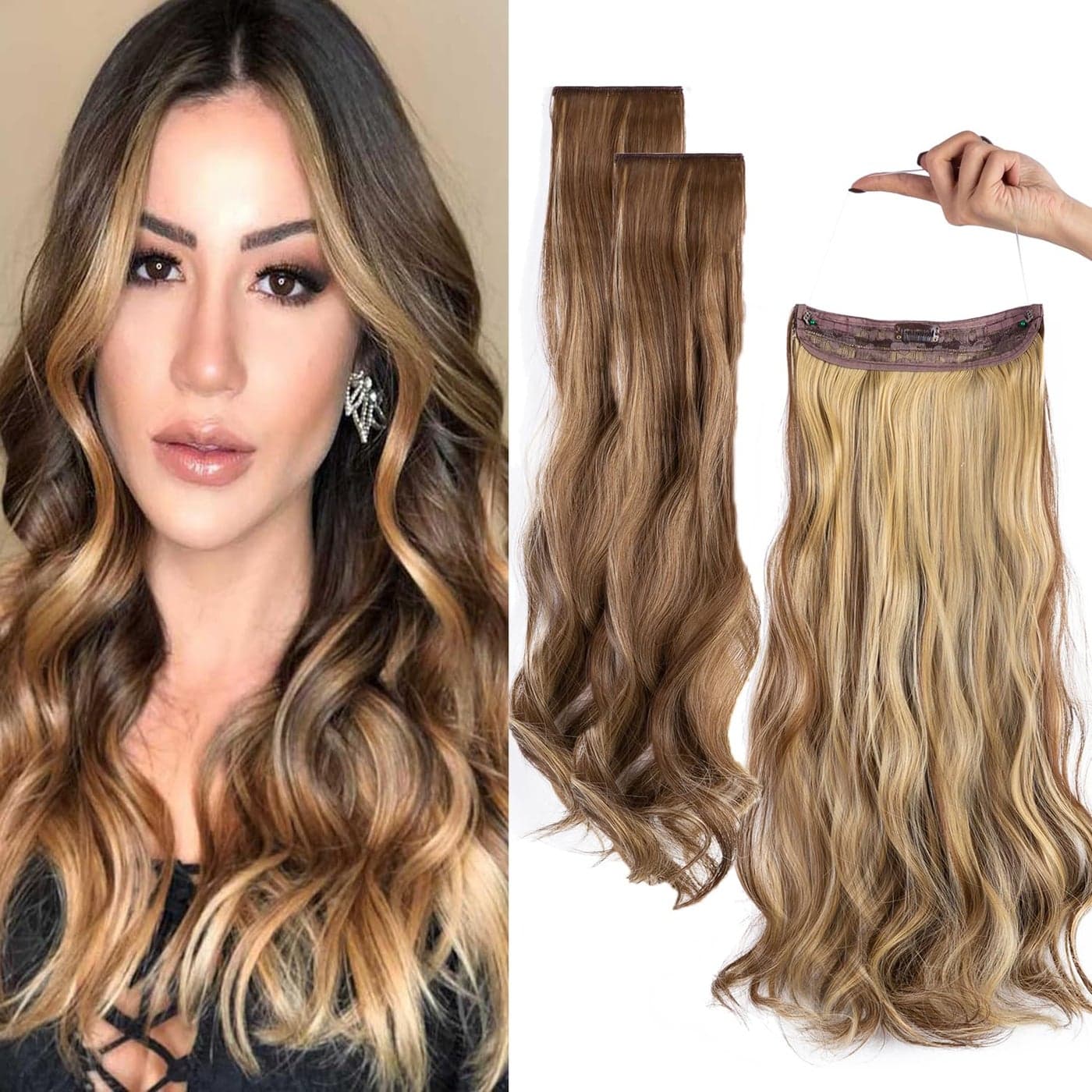 Upgrade Invisible Halo Hair Extensions with 3 PCS Set Headband Adjustable Long Wavy Secret Medium Brown Blonde Hair Extensions for Women