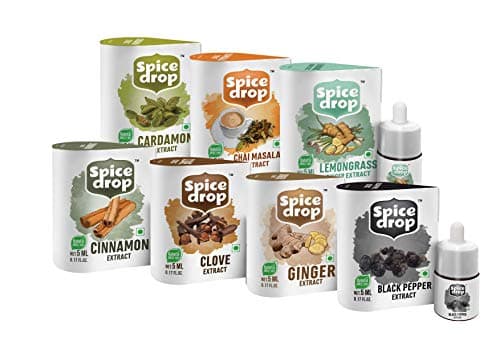 Spice Drop Variety Combo Pack Of 7|Chai Masala, Cardamom, Ginger, Lemongrass, Cinnamon, Clove, And Black Pepper Extract|Vegan|Natural Extracts|180 Drops Each|5Ml * Set Of 7, 35 Ml