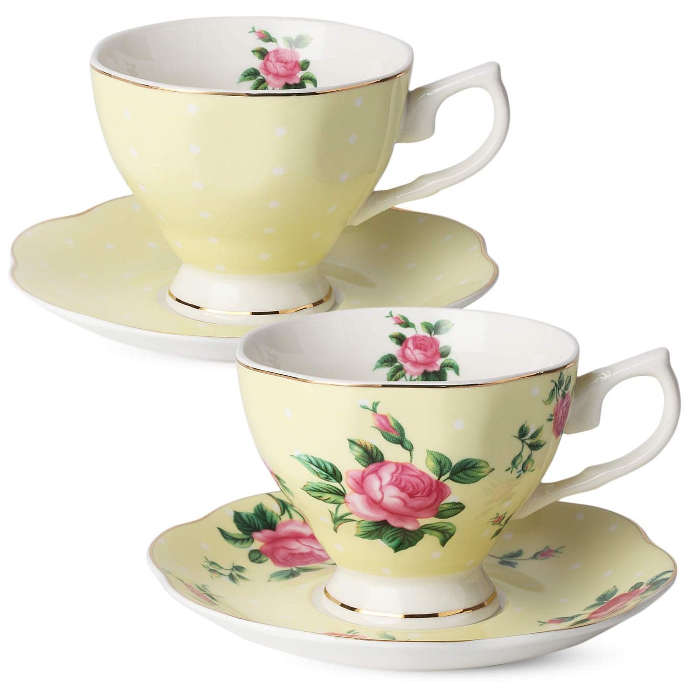 BTaT Floral Tea Cups and Saucers Set of 2 8 oz Porcelain Tea Cup Sets Pastel Yellow Color with Gold Trim Dishwasher Safe