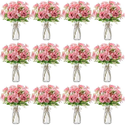 Thiccywoov 36 Pack Artificial Mini Rose Flowers with Vase Bulk, 24 Bundles Silk Rose Flower Artificial Bouquet 12 Plastic Vase with Rope Table Centerpiece Arrangement Wedding Party Deco(Purple)