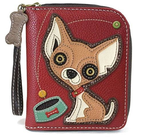 CHALA Zip Around Wallet, Wristlet, 8 Credit Card Slots, Sturdy Pu Leather - Chihuahua - Burgundy