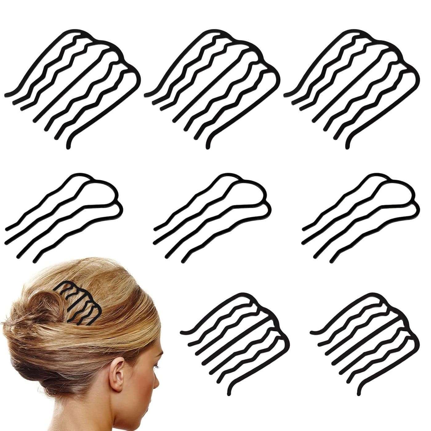 8 Piece UShape Hair Combs for Womens French Twist Updo and Bun Vintage Styling Black