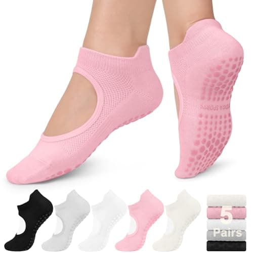 BLONGW 5 Pairs Non Slip Pilates Socks with Grips for Women, Grip Socks for Yoga Ballet Barefoot Workout Anti Skid Athletic Socks