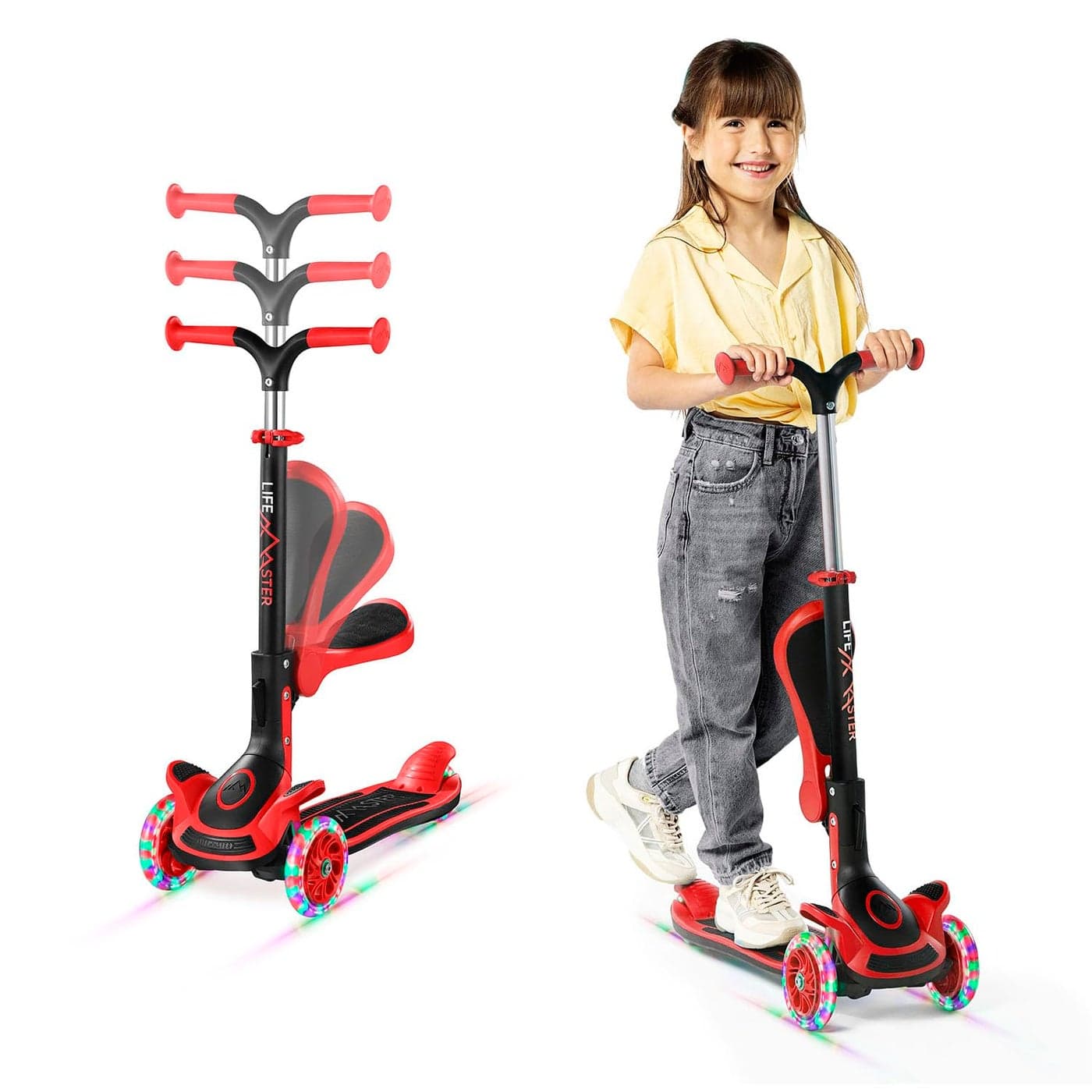 3 Wheel Scooter for Kids with Foldable Seat Adjustable Handlebar Height LeantoSteer Ride On Toy for Kids Ages 2 LightUp LED Wheels Wide Anti Slip Deck Indoor Outdoor Use Red
