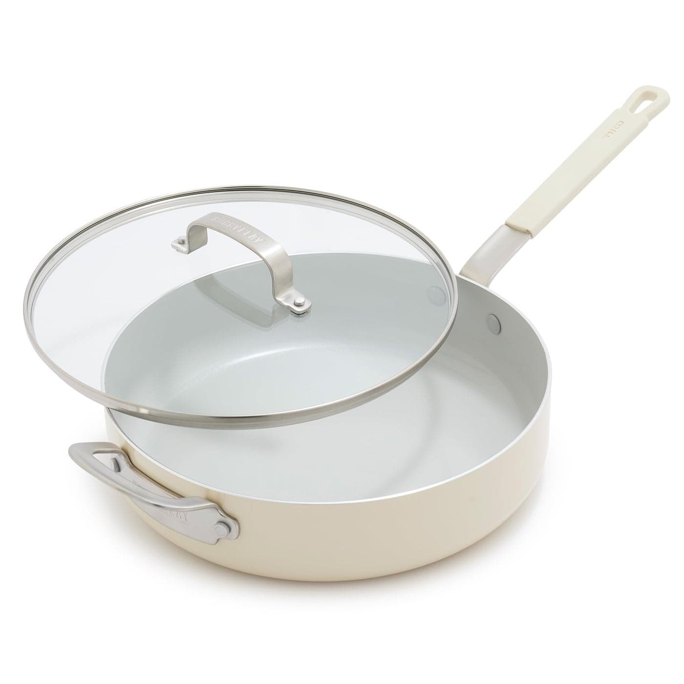 GreenPan x Bobby Flay 45QT Nonstick Saute Pan with Glass Lid PFASFree Diamond Ceramic Induction Suitable StayCool Silicone Handle Easy Clean Dishwasher Oven Safe Cream