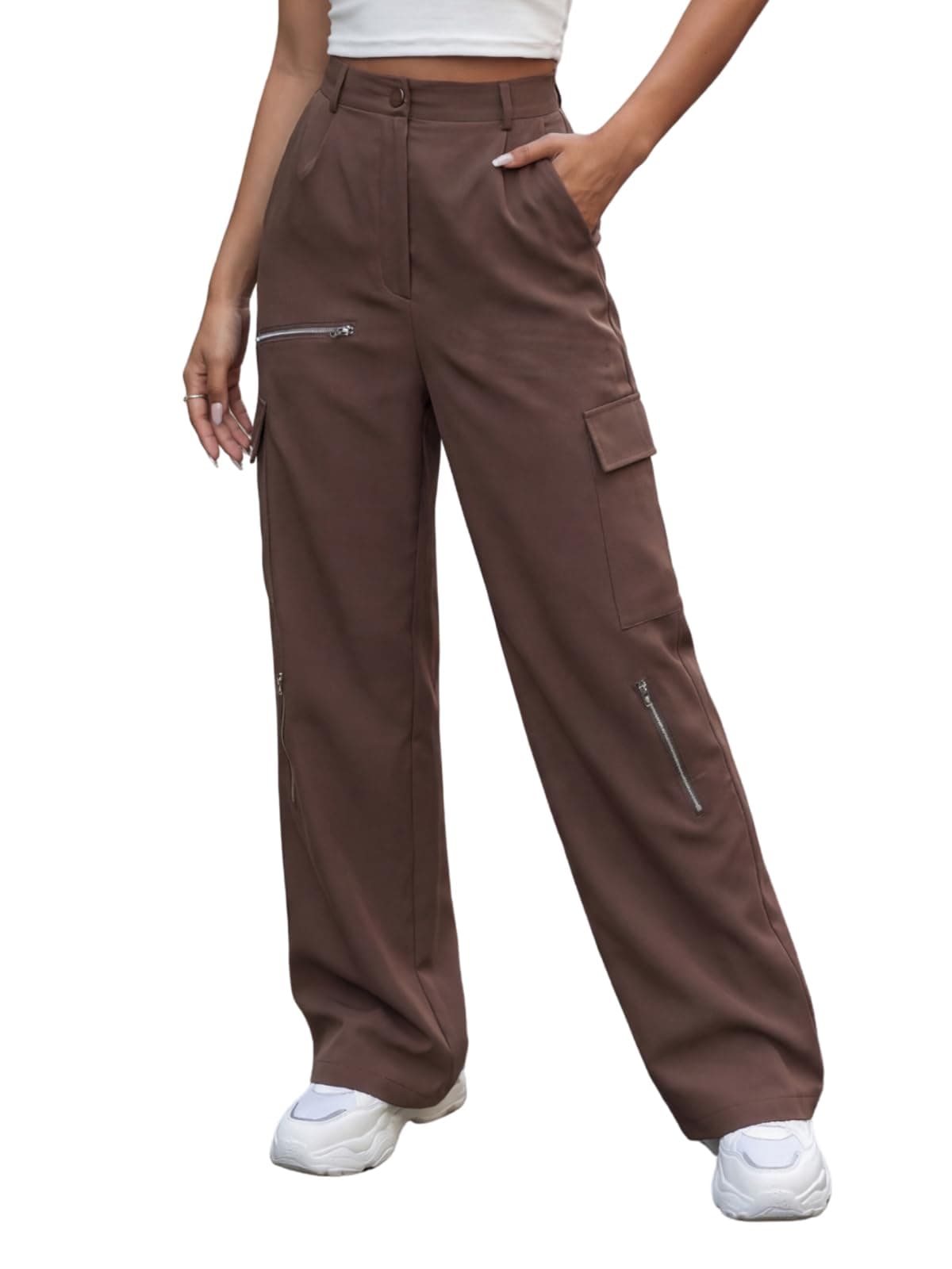 GRECIILOOKS Women Cargo Pant | Women Trousers | Women's HIGH-Waisted Pant Brown