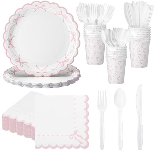 Sieral 144 Pcs Pink Scalloped Bow Party Supplies Coquette Cute Party Supplies Bachelorette Tableware Set Bow Paper Plates Napkins Cups for Girl Boy Baby Shower Wedding Birthday Decoration
