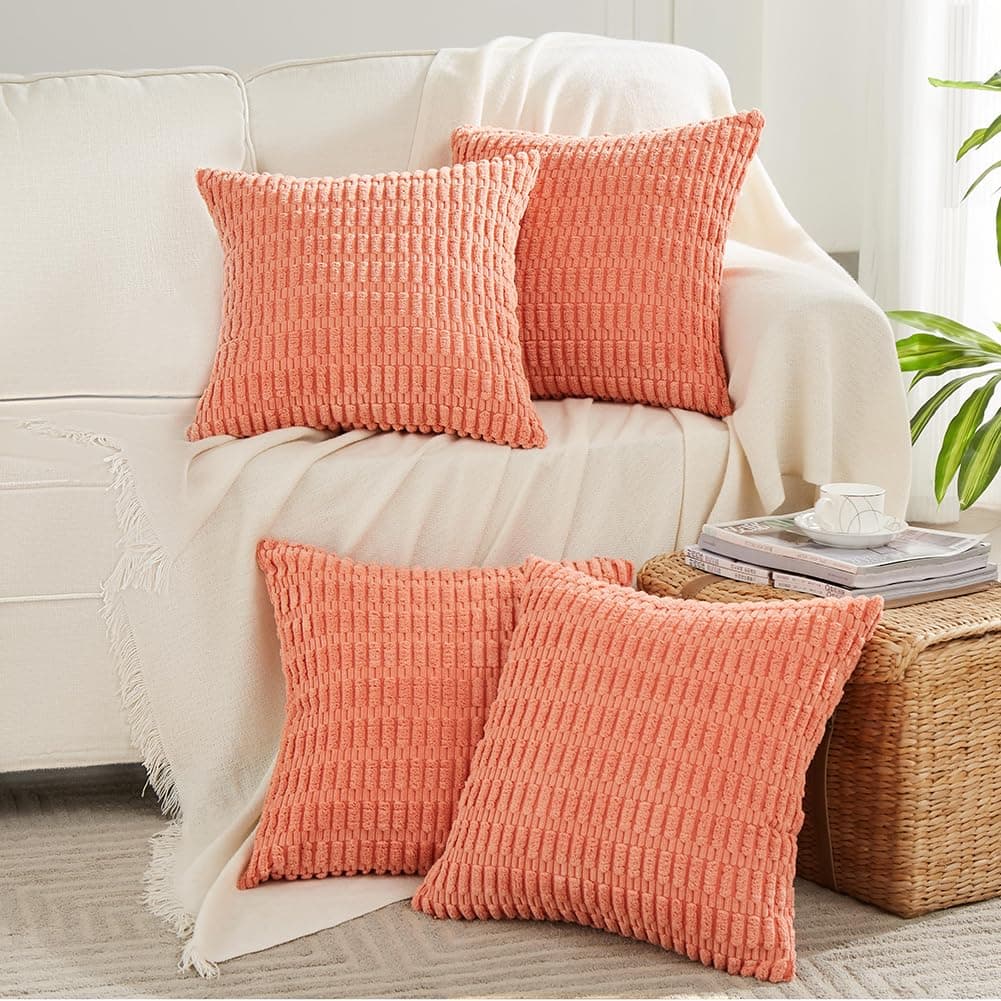 Fancy Homi 4 Packs Boho Coral Decorative Throw Pillow Covers 18x18 Inch for Living Room Couch Bed Sofa Rustic Modern Farmhouse Home Decor Soft Plush Corduroy Cute Square Peach Cushion Case 45x45 cm