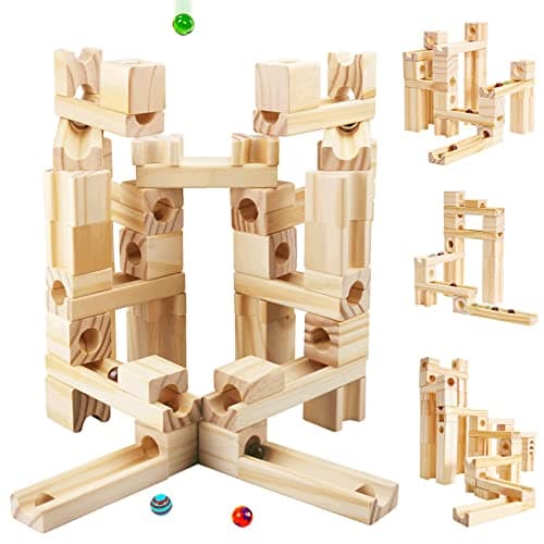 Wooden Marble Run for Kids Ages 48 60 Pieces Wood Building Blocks Toys and Construction Play Set Marble Track Maze Game STEM Learning Toys Gifts for Boys Girls 60pc Set