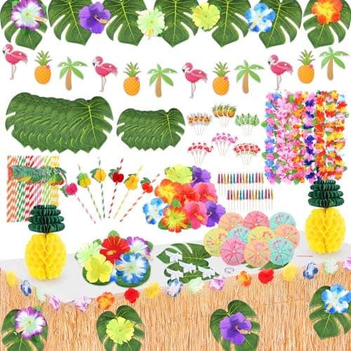 152PCS Hawaiian Luau Party Decoration Tropical Beach Themed Party Supplies Aloha Party Decorations Hawaiian Leis for Summer Pool Party
